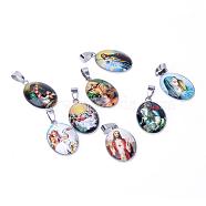 Jesus & Virgin Mary Theme Glass Pendants, with 201 Stainless Steel Findings, Oval, Mixed Color, 29.5x18.5x5~6mm, Hole: 4x6mm(GLAA-R193-P)
