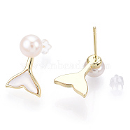Whale Tail Natural White Shell & Pearl Stud Earrings, Brass Earring with 925 Sterling Silver Pins, Real 18K Gold Plated, 16.5x10.5mm, Pin: 12x0.8mm(PEAR-N020-06O)