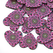 Printed Basswood Pendants, Back Random Color, Heart, Hot Pink, 33x34.5x3mm, Hole: 1.6mm(WOOD-S045-011A)