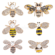 WADORN 6Pcs 6 Style Bees Enamel Pin with Imitation Pearl Beaded, Alloy Brooches with Rhinestone for Backpack Clothes, Gold, 23~33.5x36.5~41.5x13~18.5mm, Pin: 0.7~0.8mm, 1Pc/style(JEWB-WR0001-03)