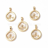 Shell Pendants, with Brass & Glass Findings, Flat Round with Plum Blossom Charm, Real 18K Gold Plated, 17x15x3mm, Hole: 4x2mm(KK-P223-02G)