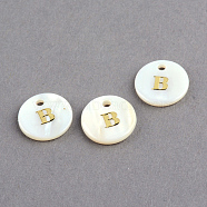 Freshwater Shell Pendants, Flat Round with Gold Blocking Letter.B, 11.5x2mm, Hole: 1.5mm(X-SSHEL-S249-B)