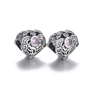 925 Sterling Silver European Beads, Large Hole Beads, with Cubic Zirconia, with 925 Stamp, Heart, Thailand Sterling Silver Plated, 11.5x11x8.5mm, Hole: 4.5mm(OPDL-L017-025TAS)