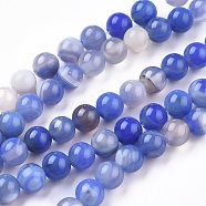 Natural Striped Agate/Banded Agate Beads Strands, Dyed & Heated, Round, Blue, 6mm, Hole: 1.2mm, about 65pcs/strand, 15.16 inch(38.5cm)(G-I261-C02-6mm)