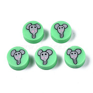Handmade Polymer Clay Beads, for DIY Jewelry Crafts Supplies, Flat Round with Elephant, Spring Green, 9~9.5x3.5~5mm, Hole: 1.6mm(CLAY-N008-036C)