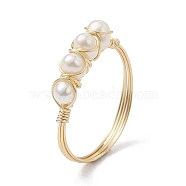 Copper Wire Wrapped Natural Cultured Freshwater Pearl Open Ring, Cuff Finger Ring for Women, Light Gold, 1.5~4.5mm, Inner Diameter: 19mm(RJEW-JR00635)