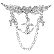 Heart with Angel Wings Alloy Full Crystal Rhinestone Hanging Chain Brooch, for Clothes Backpack, Platinum, 65x60mm(PW-WGB7AF1-02)