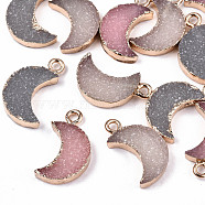 Druzy Resin Pendants, with Edge Light Gold Plated Iron Loops, Moon, Mixed Color, 19x11x3.5mm, Hole: 1.8mm(RESI-S383-063)
