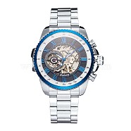 Alloy Watch Head Mechanical Watches, with Stainless Steel Watch Band, Blue & Stainless Steel Color, 220x20mm, Watch Head: 51x52x14.5mm, Watch Face: 39mm(WACH-L044-03C)