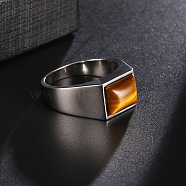 Rectangle Natural Tiger Eye Finger Ring, Alloy Jewelry, Platinum, Inner Diameter: 22.3mm(FIND-PW0021-06G)