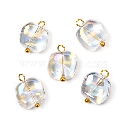 Electroplate Glass Pendants, with Brass Ball Head pins, Square, Clear AB, 15x12x5.5mm, Hole: 2mm(PALLOY-JF00962)