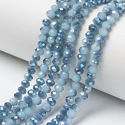 Electroplate Glass Beads Strands, Imitation Jade Beads, Half Plated, Blue Plated, Faceted, Rondelle, Sky Blue, 4x3mm, Hole: 0.4mm, about 123~127pcs/strand, 16.5~16.9 inch(42~43cm)(EGLA-A034-J4mm-I02)