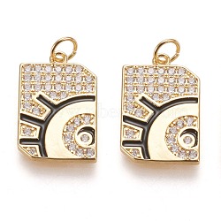 Brass Cubic Zirconia Pendants, with Enamel and Jump Rings, Long-Lasting Plated, Rectangle with Eye, Real 18K Gold Plated, 20.3x13.2x1.6mm, Jump Ring: 4.9x0.7mm, 3.4mm Inner Diameter(ZIRC-L098-004G)