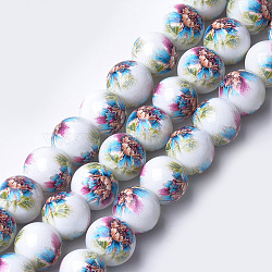 Printed & Spray Painted Glass Beads, Round with Flower Pattern, Colorful, 12~12.5x11.5mm, Hole: 1.4mm(X-GLAA-S047-02C-03)