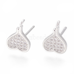 Brass Stud Earring Findings, with Cubic Zirconia with Loop, Heart, Clear, Platinum, 12x8mm, Hole: 1.2mm, Pin: 0.8mm(ZIRC-O034-21P)