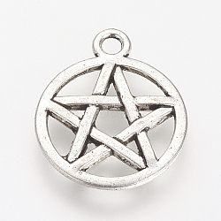 Tibetan Style Alloy Pendants, Wicca Pendants, Flat Round with Star, Cadmium Free & Nickel Free & Lead Free, Antique Silver, 28.5x24.5x2.5mm, Hole: 2.5mm, about 280pcs/1000g(TIBE-S303-14AS-NR)