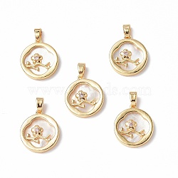 Shell Pendants, with Brass & Glass Findings, Flat Round with Plum Blossom Charm, Real 18K Gold Plated, 17x15x3mm, Hole: 4x2mm(KK-P223-02G)