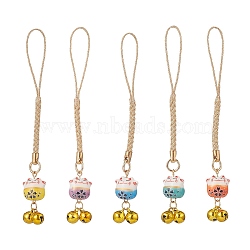 Handmade Porcelain Lucky Cat Mobile Straps, Bell Charms and Polyester Cord Mobile Accessories Decoration, Mixed Color, 109mm(HJEW-JM00891)