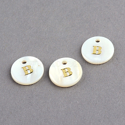 Freshwater Shell Pendants, Flat Round with Gold Blocking Letter.B, 11.5x2mm, Hole: 1.5mm(X-SSHEL-S249-B)