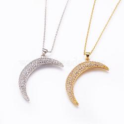 Brass Micro Pave Cubic Zirconia Pendant Necklaces, with Brass Cable Chains, Moon, Mixed Color, 17.7inches(45cm)(NJEW-E111-91)