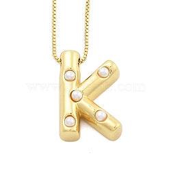 Brass & Plastic Pearl Letter Pendant Box Chain Necklaces for Women, Real 18K Gold Plated, Letter K, 17.64 inch(44.8cm)(NJEW-U017-01G-11)