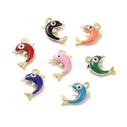 Brass Enamel Pendants, Real 18K Gold Plated, Dolphin with Evil Eye, Mixed Color, 12.5x8x3mm, Hole: 1mm(KK-J302-06G)