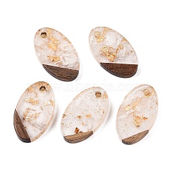 Transparent Resin and Walnut Wood Pendants, Oval Charms with Gold Foil, Antique White, 22x12.5x3.5mm, Hole: 2mm(RESI-T057-03N)