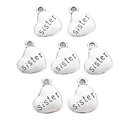 Tibetan Style Alloy Family Charms, Heart with Word Sister, Cadmium Free & Lead Free, Antique Silver, 14x18x3mm, Hole: 2.5mm(X-TIBEP-5429-AS-LF)