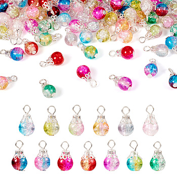 78Pcs 13 Colors Transparent Spray Painting Crackle Glass Charms, with Iron Findings, Round, Mixed Color, 15x8mm, Hole: 2.5mm, 6pcs/color