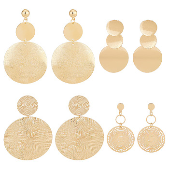 4 Pairs 4 Style Alloy Flat Round Dangle Stud Dangle Earrings for Women, Golden, 52~86x36~52mm, 1 Pair/style