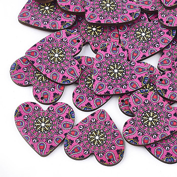 Printed Basswood Pendants, Back Random Color, Heart, Hot Pink, 33x34.5x3mm, Hole: 1.6mm