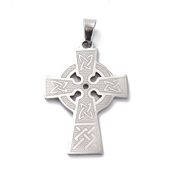 304 Stainless Steel Pendants, Cross Charm, Stainless Steel Color, 38x26x1mm, Hole: 7.5x4mm