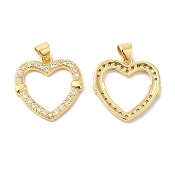 Brass Micro Pave Clear Cubic Zirconia Pendants, Heart, Real 16K Gold Plated, 21x20x3mm, Hole: 4.5x3.5mm