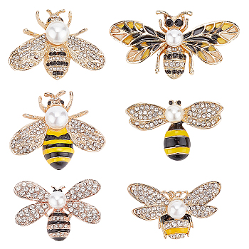 WADORN 6Pcs 6 Style Bees Enamel Pin with Imitation Pearl Beaded, Alloy Brooches with Rhinestone for Backpack Clothes, Gold, 23~33.5x36.5~41.5x13~18.5mm, Pin: 0.7~0.8mm, 1Pc/style