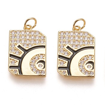 Brass Cubic Zirconia Pendants, with Enamel and Jump Rings, Long-Lasting Plated, Rectangle with Eye, Real 18K Gold Plated, 20.3x13.2x1.6mm, Jump Ring: 4.9x0.7mm, 3.4mm Inner Diameter