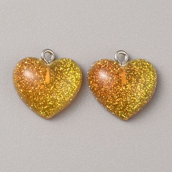 Transparent Resin Pendants, Glitter Heart Charms with Platinum Plated Iron Loops, Gold, 18.5x19x7.5mm, Hole: 2mm
