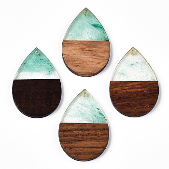 Transparent Resin & Walnut Wood Pendants, with Glitter Powder, Teardrop Charms, Light Sea Green, 36.5x24.5x3mm, Hole: 2mm