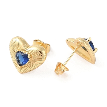 Rack Plating Brass with Cubic Zirconia Stud Earrings for Women, Cadmium Free & Lead Free, Long-Lasting Plated, Real 18K Gold Plated, Heart, Steel Blue, 12x14mm