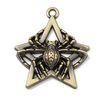 Alloy Pendants, Star with Spider, Antique Bronze, 45x38x5.5mm, Hole: 3mm