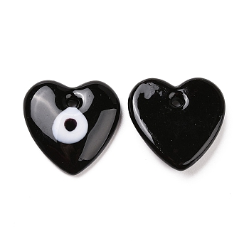 Handmade Evil Eye Lampwork Pendants, Heart, Black, 25x25x7.5mm, Hole: 2.8mm