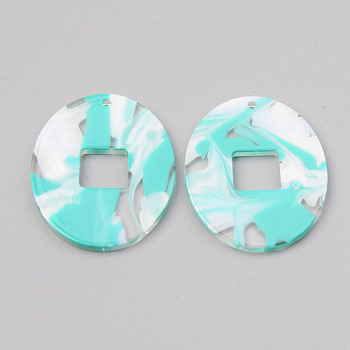 Acrylic Pendants, for DIY Bracelet Necklace Earring Jewelry Craft Making, Oval, Turquoise, 34x27x2mm, Hole: 1.5mm