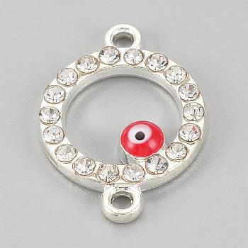 Alloy Rhinestone Links connectors, Cadmium Free & Lead Free, Ring with Evil Eye, Red, Silver Color Plated, 19.5x14x2mm, Hole: 1mm