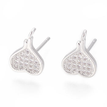 Brass Stud Earring Findings, with Cubic Zirconia with Loop, Heart, Clear, Platinum, 12x8mm, Hole: 1.2mm, Pin: 0.8mm