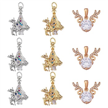9Pcs 3 Style Brass Micro Pave Clear Cubic Zirconia Pendants, Platinum & Golden, 16x19x5mm and 21.5x15.5x3.5mm, 3pcs/style