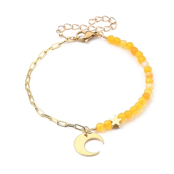 Brass Charm Bracelets, with Dyed Natural Agate Beads and 304 Stainless Steel Lobster Claw Clasps, Moon, Golden, Gold, 7-7/8 inch(20cm)