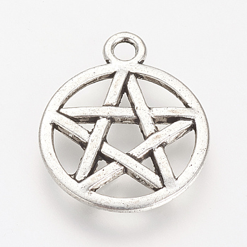 Tibetan Style Alloy Pendants, Wicca Pendants, Flat Round with Star, Cadmium Free & Nickel Free & Lead Free, Antique Silver, 28.5x24.5x2.5mm, Hole: 2.5mm, about 280pcs/1000g