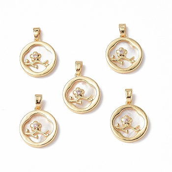 Shell Pendants, with Brass & Glass Findings, Flat Round with Plum Blossom Charm, Real 18K Gold Plated, 17x15x3mm, Hole: 4x2mm