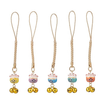 Handmade Porcelain Lucky Cat Mobile Straps, Bell Charms and Polyester Cord Mobile Accessories Decoration, Mixed Color, 109mm