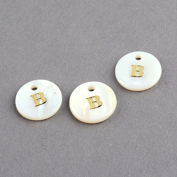 Freshwater Shell Pendants, Flat Round with Gold Blocking Letter.B, 11.5x2mm, Hole: 1.5mm