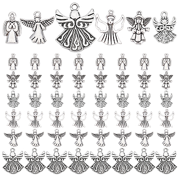 PandaHall Elite 72Pcs 6 Style Tibetan Style Alloy Pendants, Angel, Antique Silver, 19~40x10~31x1~3mm, Hole: 1.2~4mm, 12pcs/style